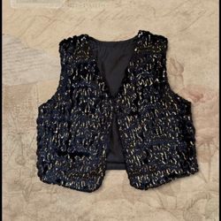 80s Iconic Vintage Black Faux Fur Best With Golden Sequins Size Small 