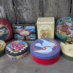Lot of 8 Decorative Vintage Tins – Holiday, Advertising, Nostalgic Art Styles – Mixed Sizes


