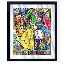 Beauty and the beast stained glass windows art piece in black frame