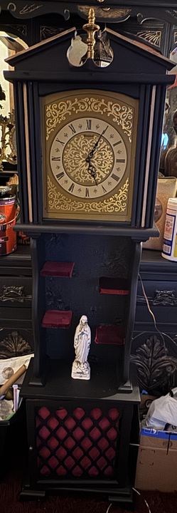 Gothic Victorian style grandfather clock with shelves and storage