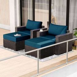 Brand new Outdoor Wicker Patio Chair Set with Ottomans – Rattan Lounge Chairs with Cushions, Peacock Blue 