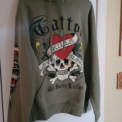 Ed Hardy Heart Skull Tattoo “Love Kills Slowly” Olive Green Hoodie Men Large