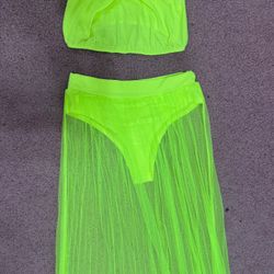 New Small neon green mesh tulle 2 piece dress skirt outfit festival rave raver