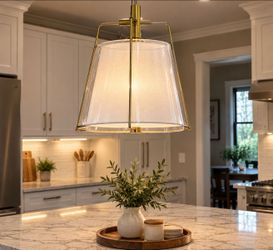 Modern Gold Pendant Light with White Fabric Shade – New Open Box