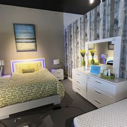 White Queen Bed, Dresser, Mirror And One Nightstand