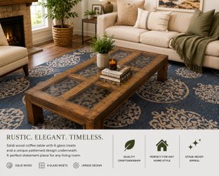 Rustic Solid Wood Coffee Table with Glass Top Panels – Excellent Quality
