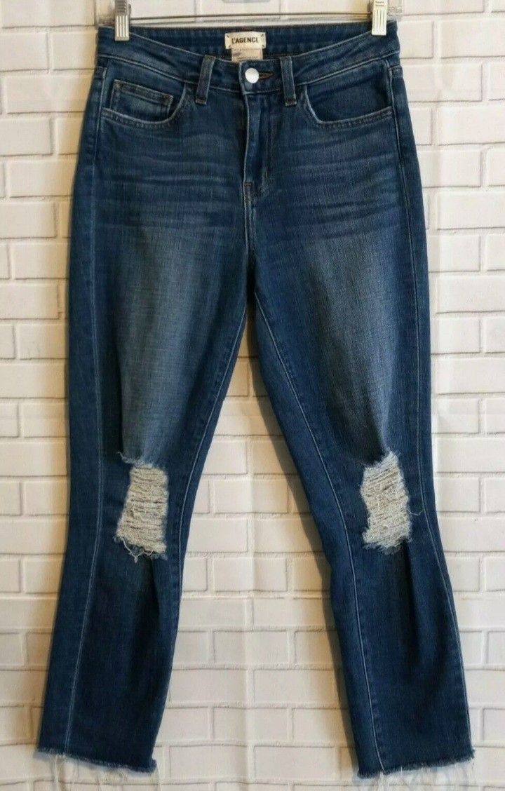 L'AGENCE Women's Matador High Rise Slim Raw Hem Distressed Denim Blue Jeans 25