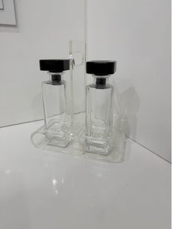 Vintage Italian Luigi Bormioli glass vinegar oil cruets with lucite holder