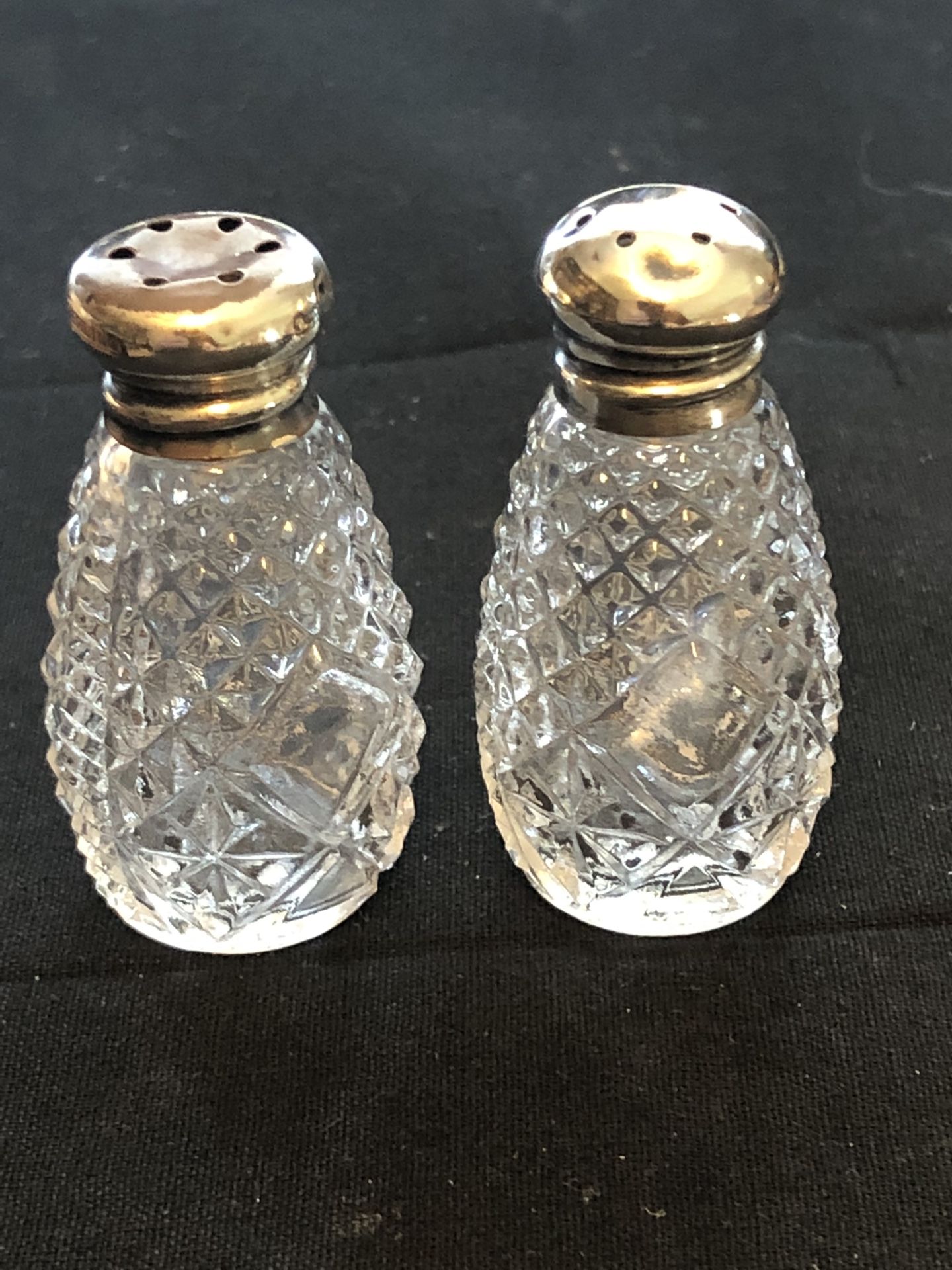 Sterling Silver 2” Salt/Pepper Shakers Vintage Cut Crystal