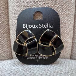 Bijoux Stella Black Enamel & Gold Swirl Knot Earrings - Vintage 80s Style