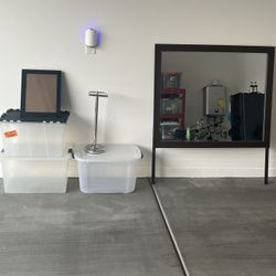 1-mirror 3-plastic Bins 1-11 X 14 Picture Frame 1-Toilet Paper Holder