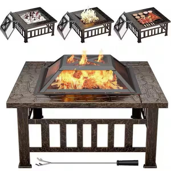 32 in. Outdoor Metal Brown Fire Pit with Cover $50