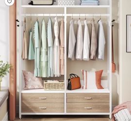 Open Wardrobe Closet with Drawers and Shelves