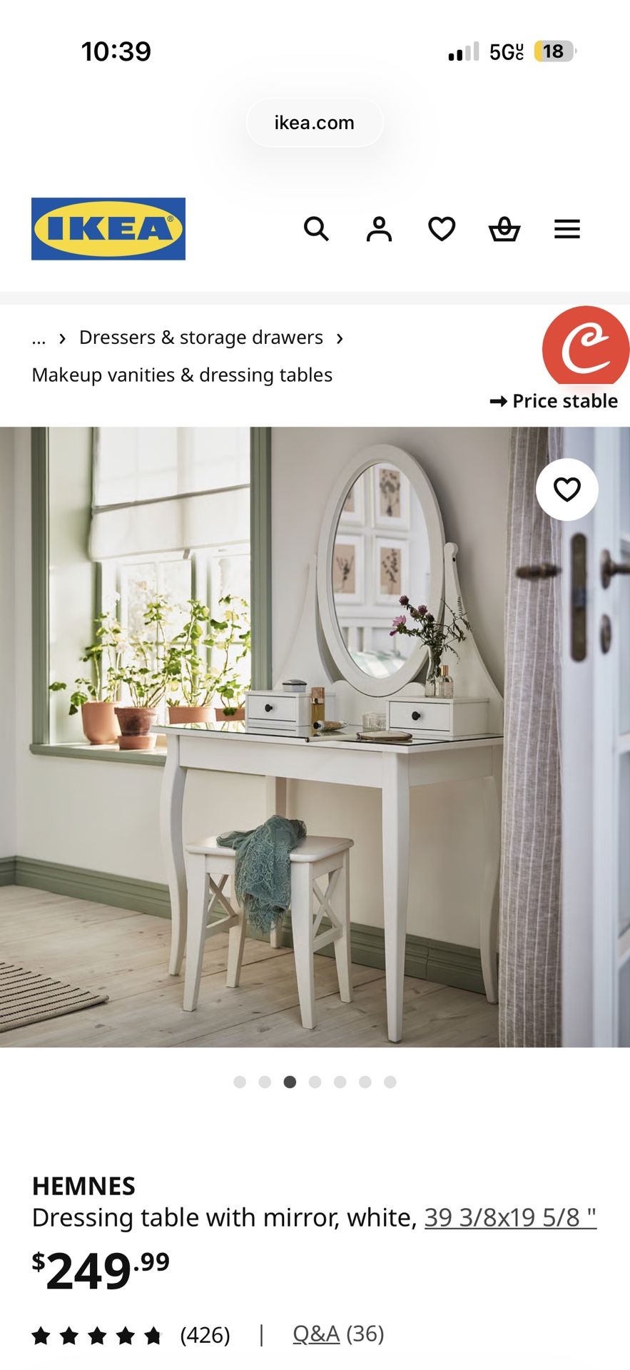 HEMNES Dressing table makeup vanity with mirror, white, 39 3/8x19 5/8