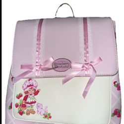 Strawberry Shortcake Pink Faux Leather Girls Backpack Strawberry Print Bow