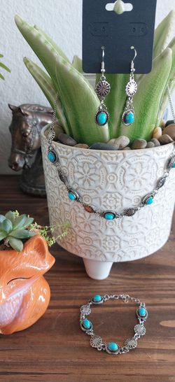 Turquoise Concho Earrings Necklace Bracelet Set 3pc Fashion Southwestern Jewelry