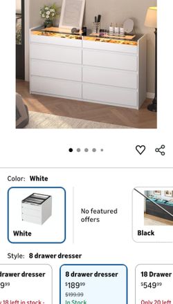 White 8 Drawer Dresser for Bedroom, Modern Chest of Drawers, Jewelry Dresser Display with Glass Top and LED Light, Dressers Organizer for Bedroom, Clo