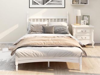 Queen Wood Bed Frame with Headboard, Solid Rubber Wood Central Supports, 1000Lb Capacity, Rustic Oak /White
