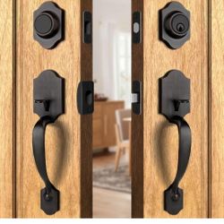 Double Front Door Handle Set with Dummy and Deadbolt, Entry Front Door Lock Set with Classic Half Grip Curved Door Handle for Exterior Doors or Office
