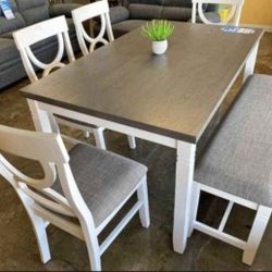 ✅️✅️(6 pc white & grey finish wood dining table set grey padded seat chairs and bench✅️