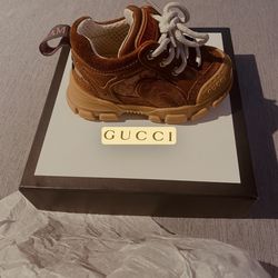 Gucci Rhyton Brown Suede Logo Baby Sneakers Size 20 US