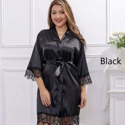 Women Ice Silk Pajamas Robes Sleepwear Nightgowns Nightdress Black L Lace Smooth Soft Comfortable size large 