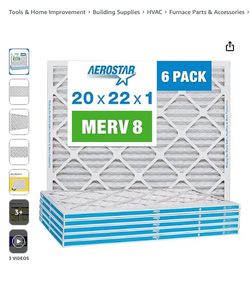 Aerostar 20x22x1 MERV 8 Furnace Filter - 6 Pack