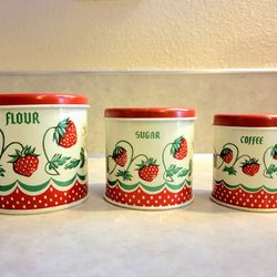 Vintage Antique 1950s Strawberry Tin Canister Set - Rare Wolverine Toy Tins - Good Condition!