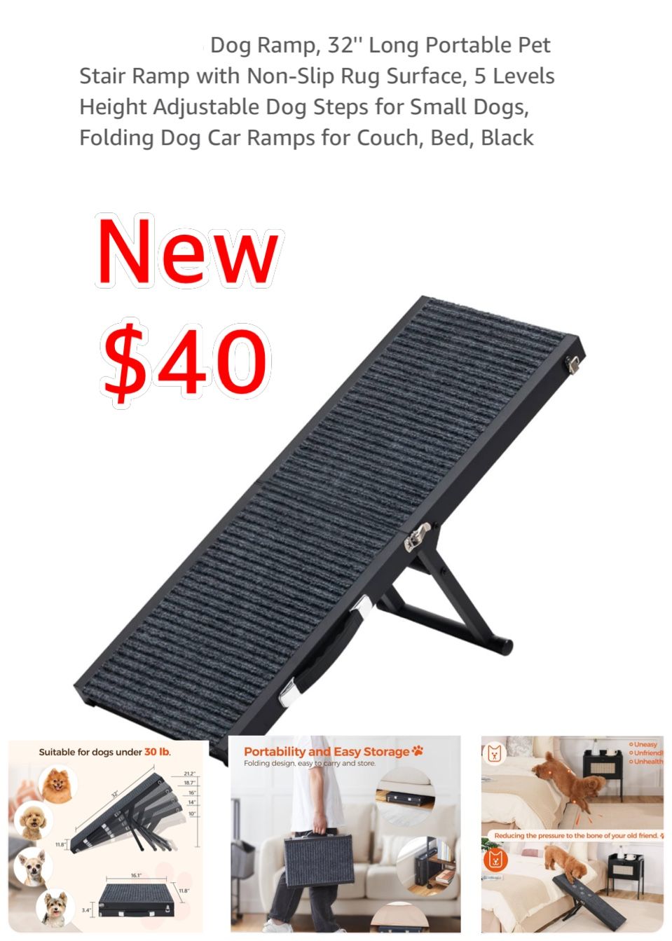 New Dog Ramp, 32'' Long Portable Pet Stair Ramp with Non-Slip Rug Surface, 5 Levels Height Adjustable Dog Steps for Small Dogs, Folding $40