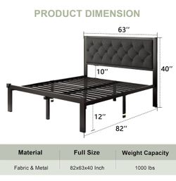 Queen Size Metal Bed Frame, Heavy-Duty Platform Bed Frame with Linen Upholstered Headboard, 12" Under-Bed Space, Steel Slats + Mattress