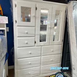 White Pinewood Wardrobe Closet With Mirror Chest 
