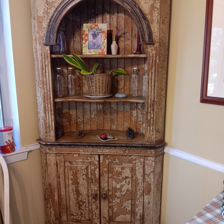 Antique Rustic Corner Cabinet 3 Shelves Bottom Cabinet