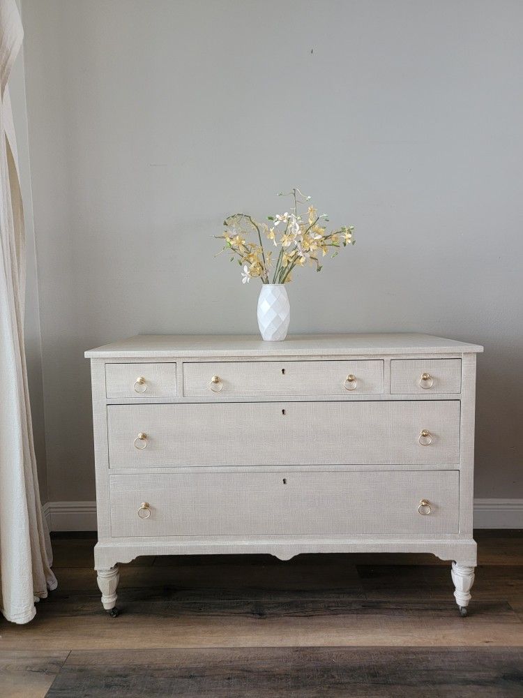 Vintage John Widdicomb Beige Faux Linen Solid Wood Dresser