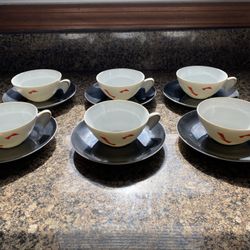 Vintage 1955 Set of 6 Atomic Red Rooster Noritake Nippon Toki Kaisha Tea Cups w/ Saucers