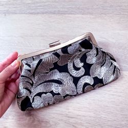 Chi Chi London - Black Silver Embroidered Clutch Bag 9.25 x 4.75”