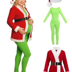 Mepase 4 Pcs Christmas Pregnant Costume For Women Grinch Monster Suits Santa Claus Costume Include Green Bodysuit And Santa Coat Hat For Pregnant Cosp