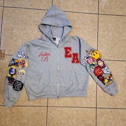 Men's Gray Patchwork Sleeve Zip-Up Sweater Hoodie