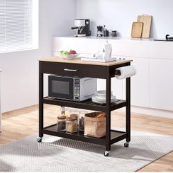 Kitchen Island Cart on Wheels with Bamboo Tabletop, 3-Tier Rolling Kitchen Island Microwave Cart with Drawer, Detachable Towel, 3 Hooks, 17" D x 37.5"