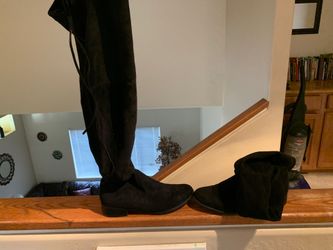 Thigh high suede black boots lace up back & zipper