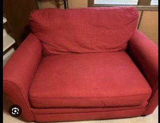 Moving Sale – Everything Must Go: Red Accent Loveseat Chair
