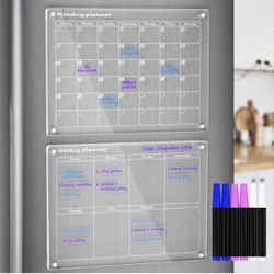 2 Set Acrylic Magnetic Dry Erase Board Calendar For Fridge,17”X12"
