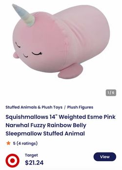 Squishmallows 14" Weighted Esme Pink Narwhal Fuzzy Rainbow Belly Sleepmallow Stuffed Animal📍$10 multiples available