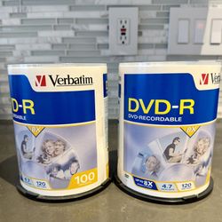 Verbatim 8x DVD-R Blanks, 4.7GB Data, 200 Discs In Lot (2 Spools Of 100 Each)