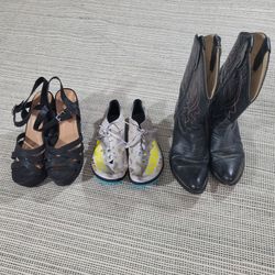 3 Pair Size 7 Women's Shoes (Platform Sandals, Hoka Spikes, Cowboy Boots)