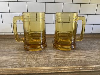 2 MCM Beer Steins Vintage Set Heavy Yellow Glass Mugs Honey Amber Colored Retro Pair 
