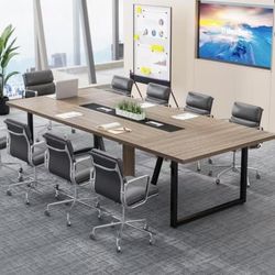XK00729AB 8FT Conference Table, Large Meeting Table/Podcast Table for 10 People, Business Style Wooden Training Table with Strong Metal Frame for Offi