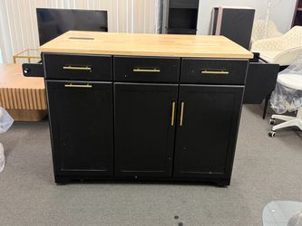 59" Wide Rolling Kitchen Island with Solid Wood Drop Leaf, Built-in Outlets & Pull-Out Trash Can Cabinet