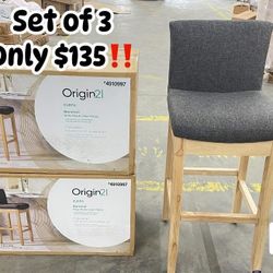 🪑 Set of 3 Kurpa Natural Grey Linen Bar Stools 🌟