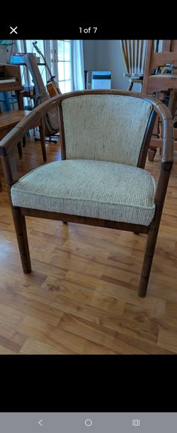 Mid-Century Style Wood Barrel Accent Chair - Cream Woven Upholstery, Faux Bamboo Frame