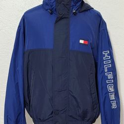 Vintage Tommy Hilfiger Windbreaker jacket Mens Coat Large 90s Big Logo Spellout